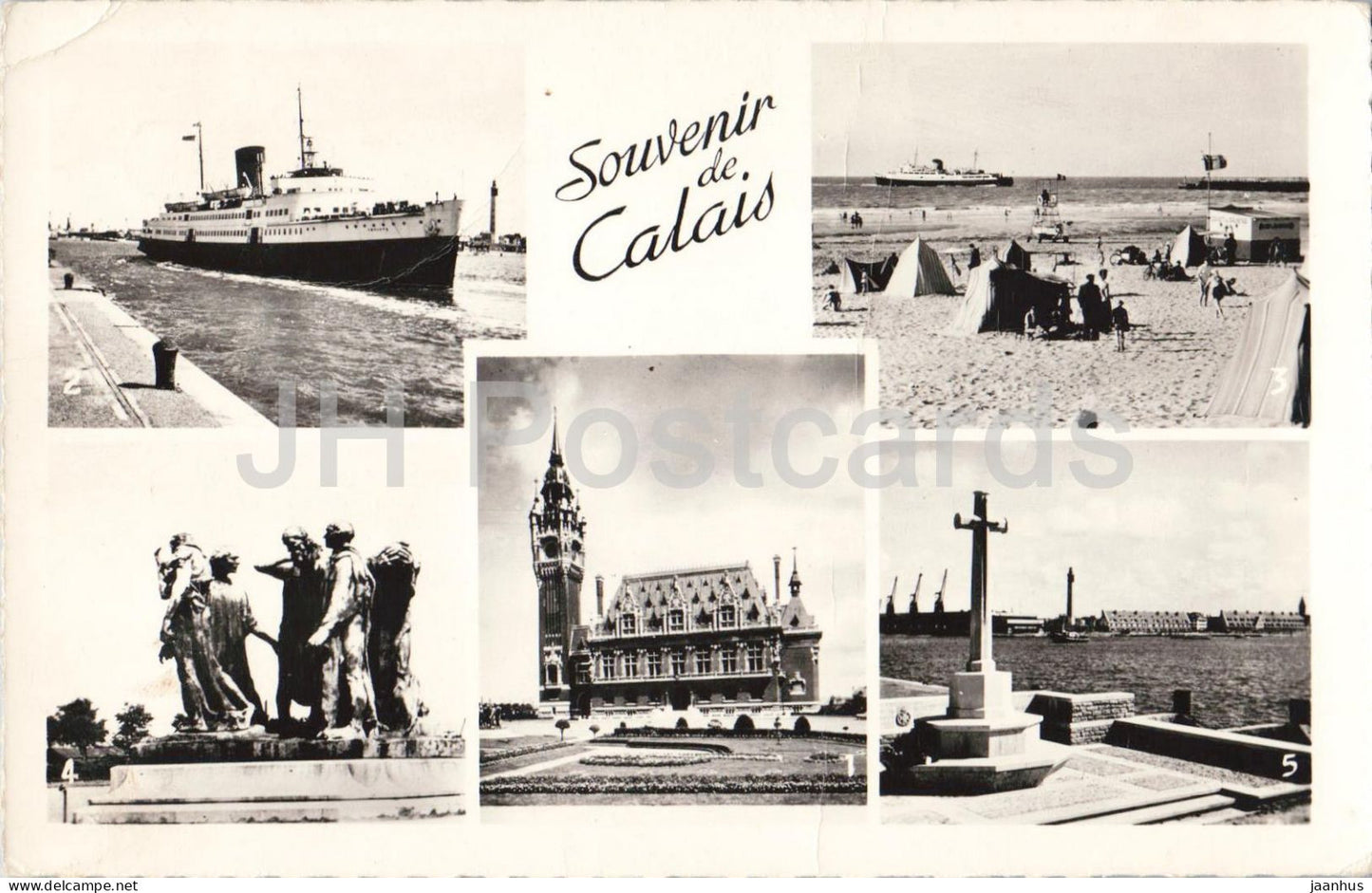 Souvenir de Calais - Souvenir from Calais - city views - harbour - ship - monument - old postcard - France - unused - JH Postcards