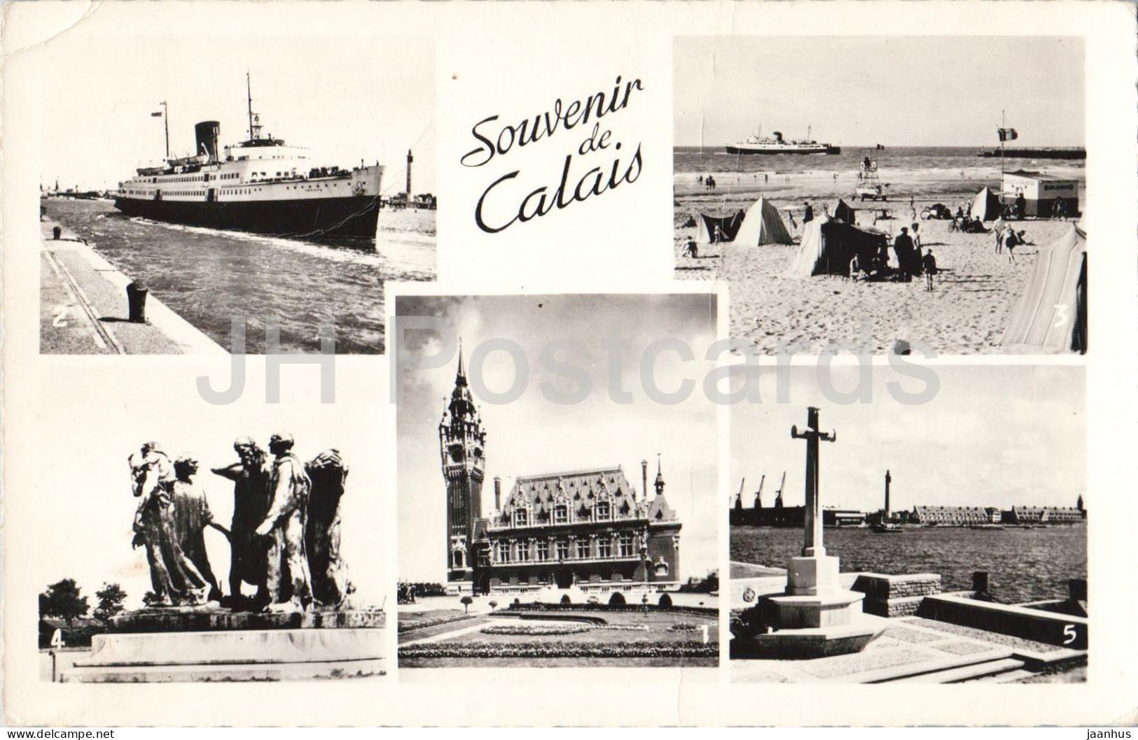 Souvenir de Calais - Souvenir from Calais - city views - harbour - ship - monument - old postcard - France - unused - JH Postcards