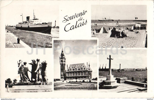 Souvenir de Calais - Souvenir from Calais - city views - harbour - ship - monument - old postcard - France - unused - JH Postcards