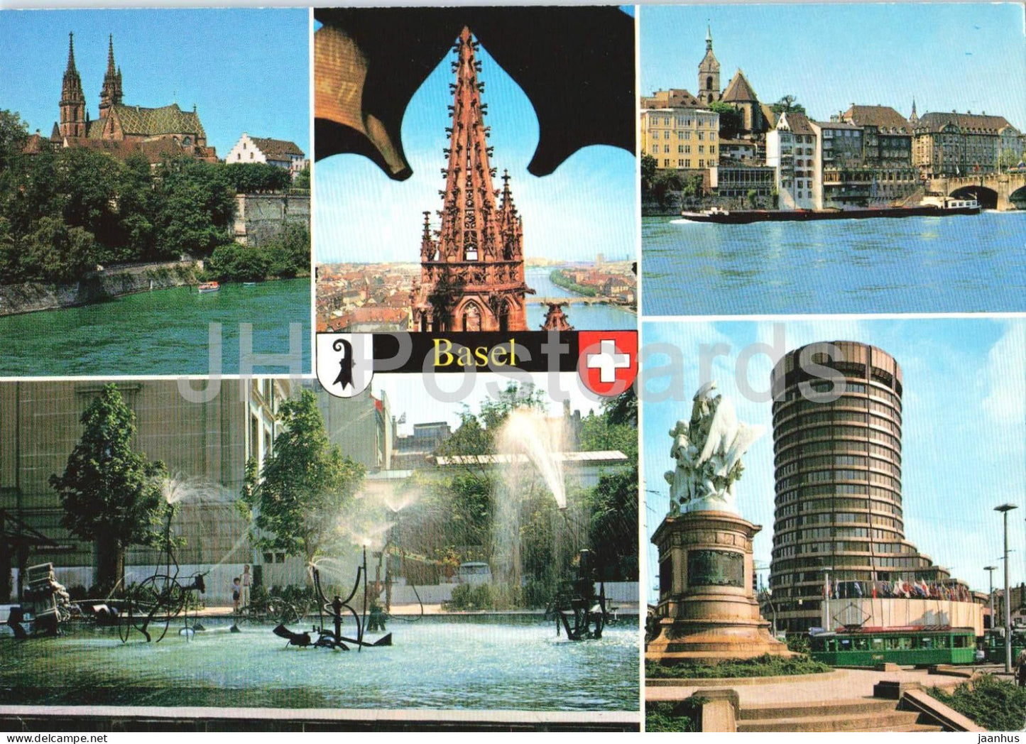 Basel - Basle - cathedral - Rhine river - city views - fountain - multiview - 46760 - 1985 - Switzerland - used - JH Postcards