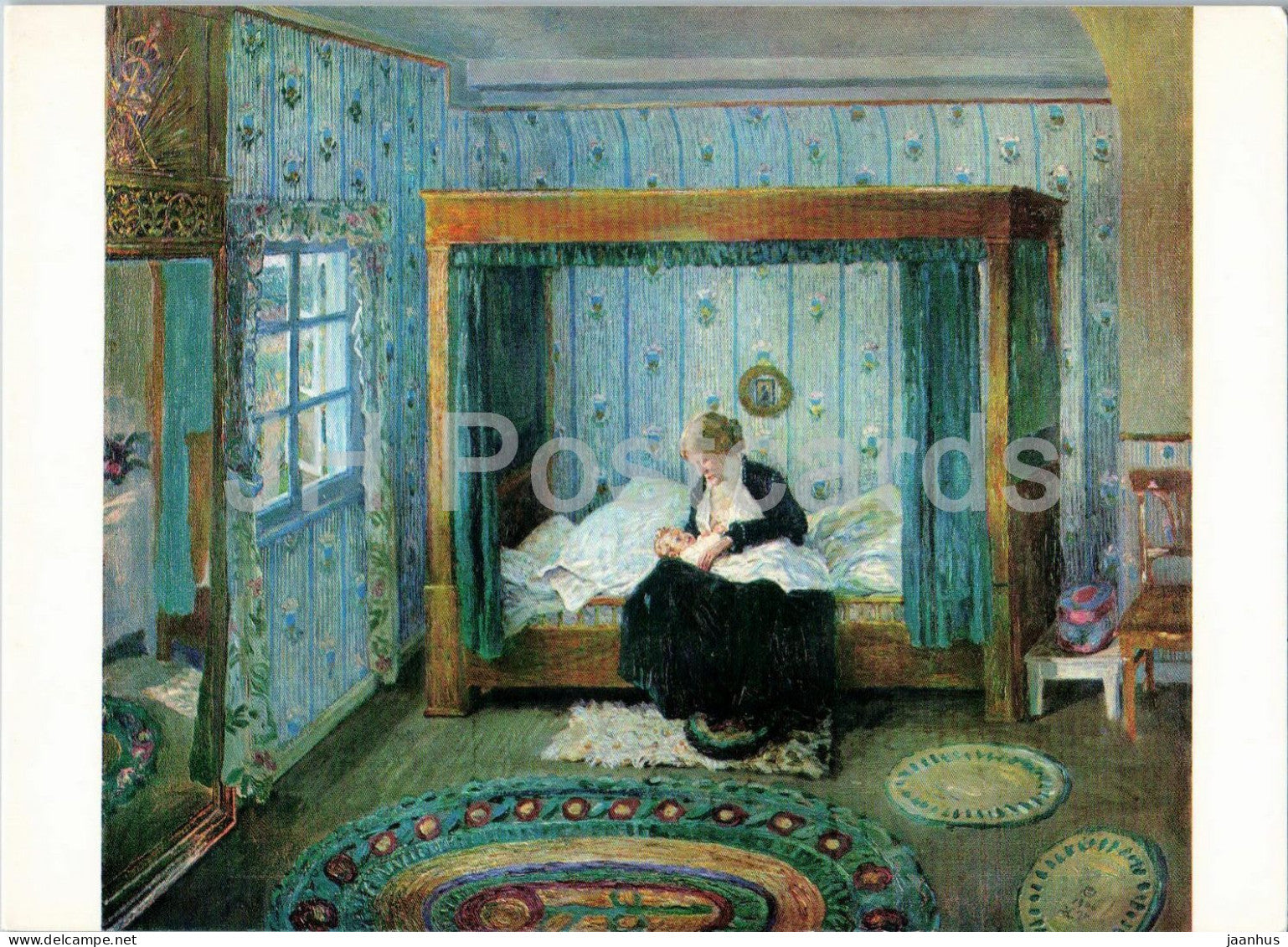 painting by Heinrich Vogeler - Bedroom at the Barkenhoff - Schlafgemach - German art - 95 - 1970s - Germany - unused - JH Postcards