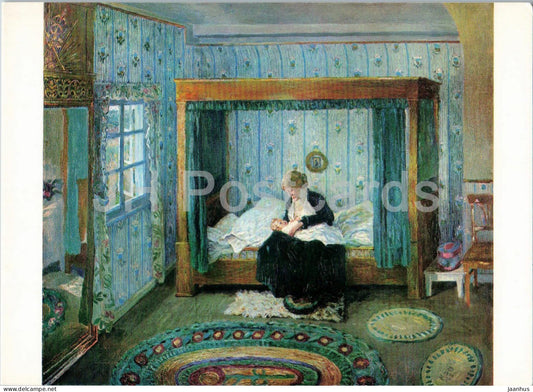 painting by Heinrich Vogeler - Bedroom at the Barkenhoff - Schlafgemach - German art - 95 - 1970s - Germany - unused - JH Postcards