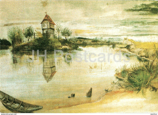 watercolor by Albrecht Durer - Cottage near the Pond - Ein Weiherhauschen - boat - German art - Germany - unused - JH Postcards