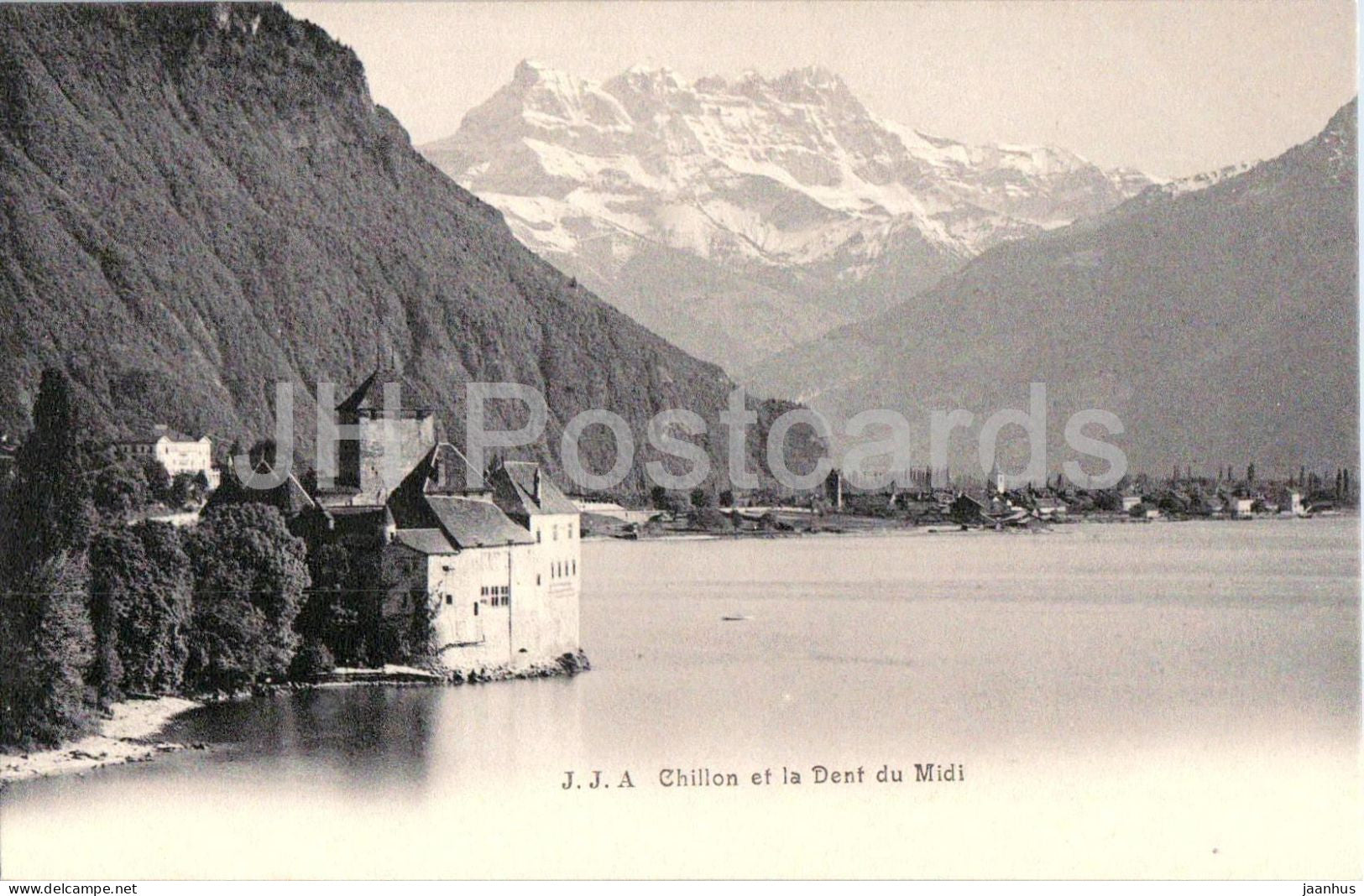 Chillon et la Dent du Midi - castle - lake - J. J. A. - old postcard - Switzerland - unused - JH Postcards