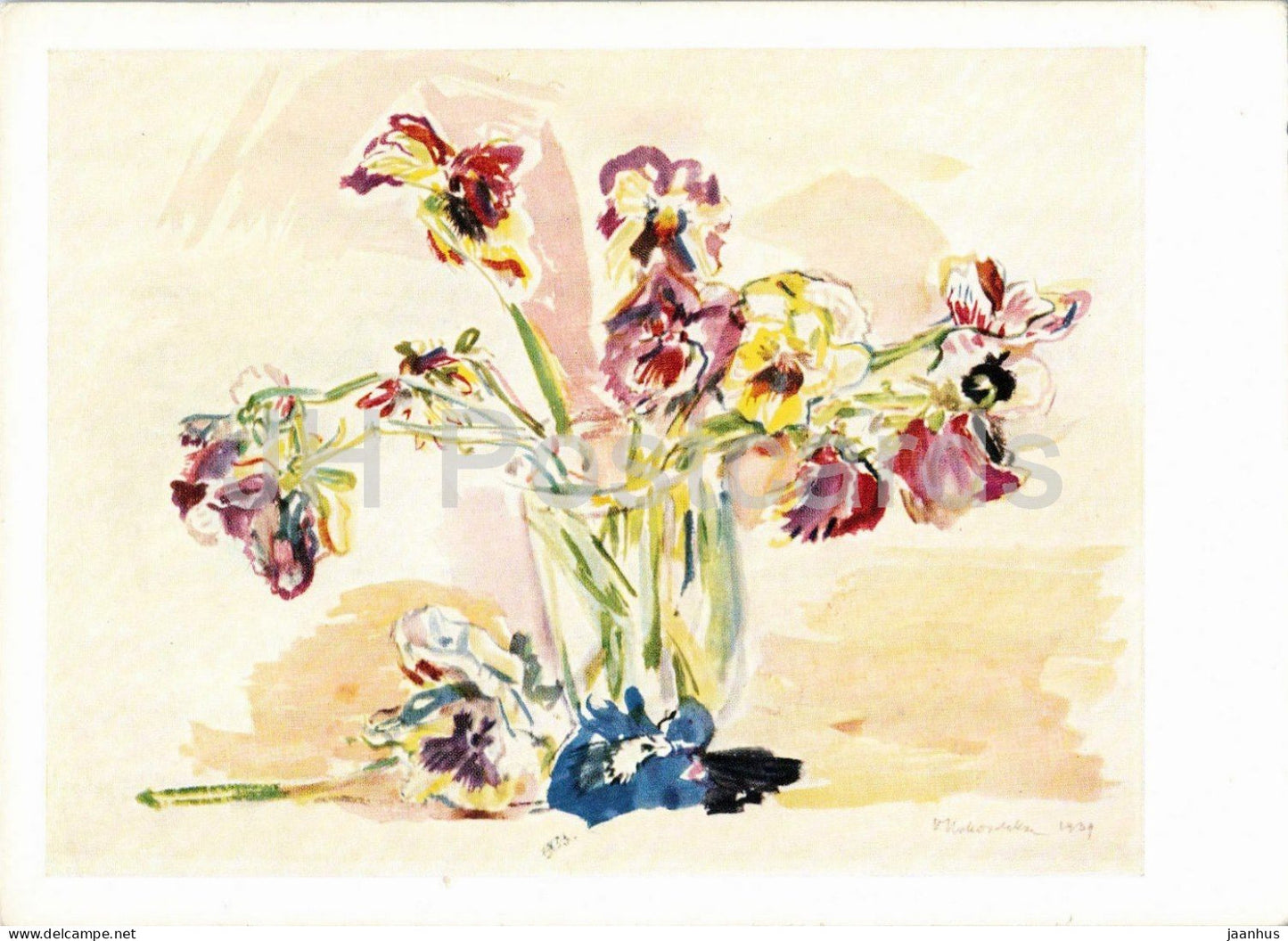 watercolor painting by Oskar Kokoschka - Pansies - Stiefmutterchen - Austrian art - 134 - 1960s - Switzerland - used - JH Postcards