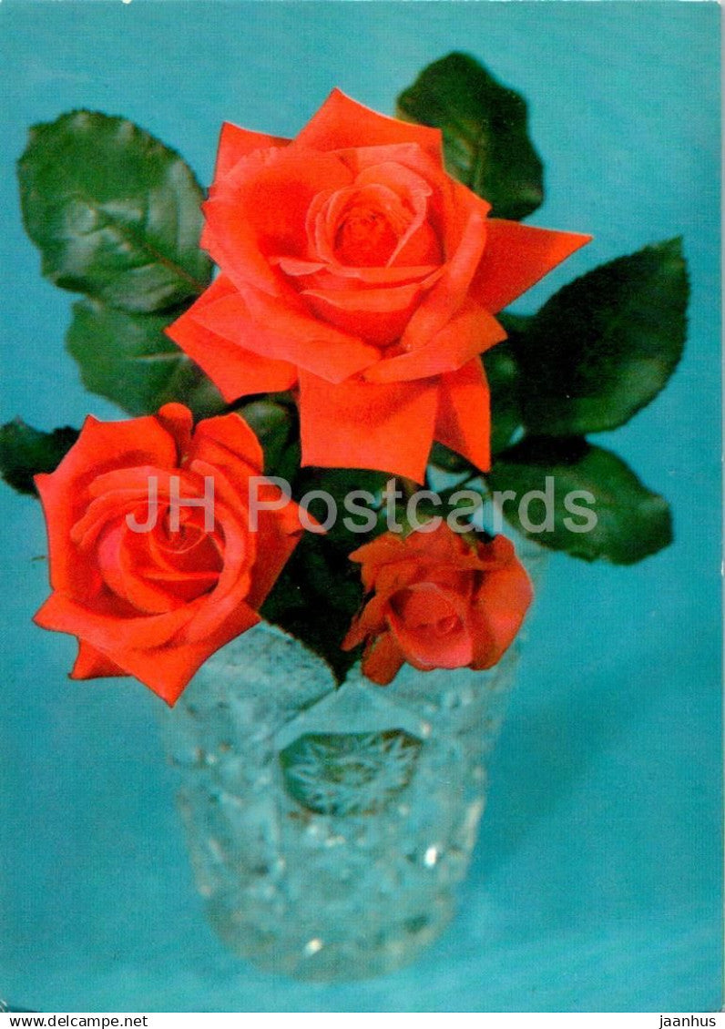 Birthday Greeting Card - Red Roses in a Crystal Vase - flowers - postal stationery - 1979 - Russia USSR - used - JH Postcards