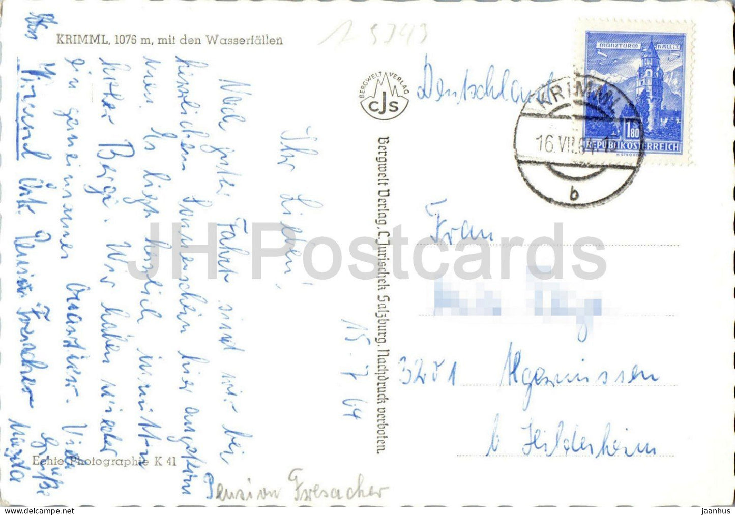 Krimml 1076 m mit den Wasserfällen - Dorf - Berge - K 41 - 1964 - Österreich - gebraucht