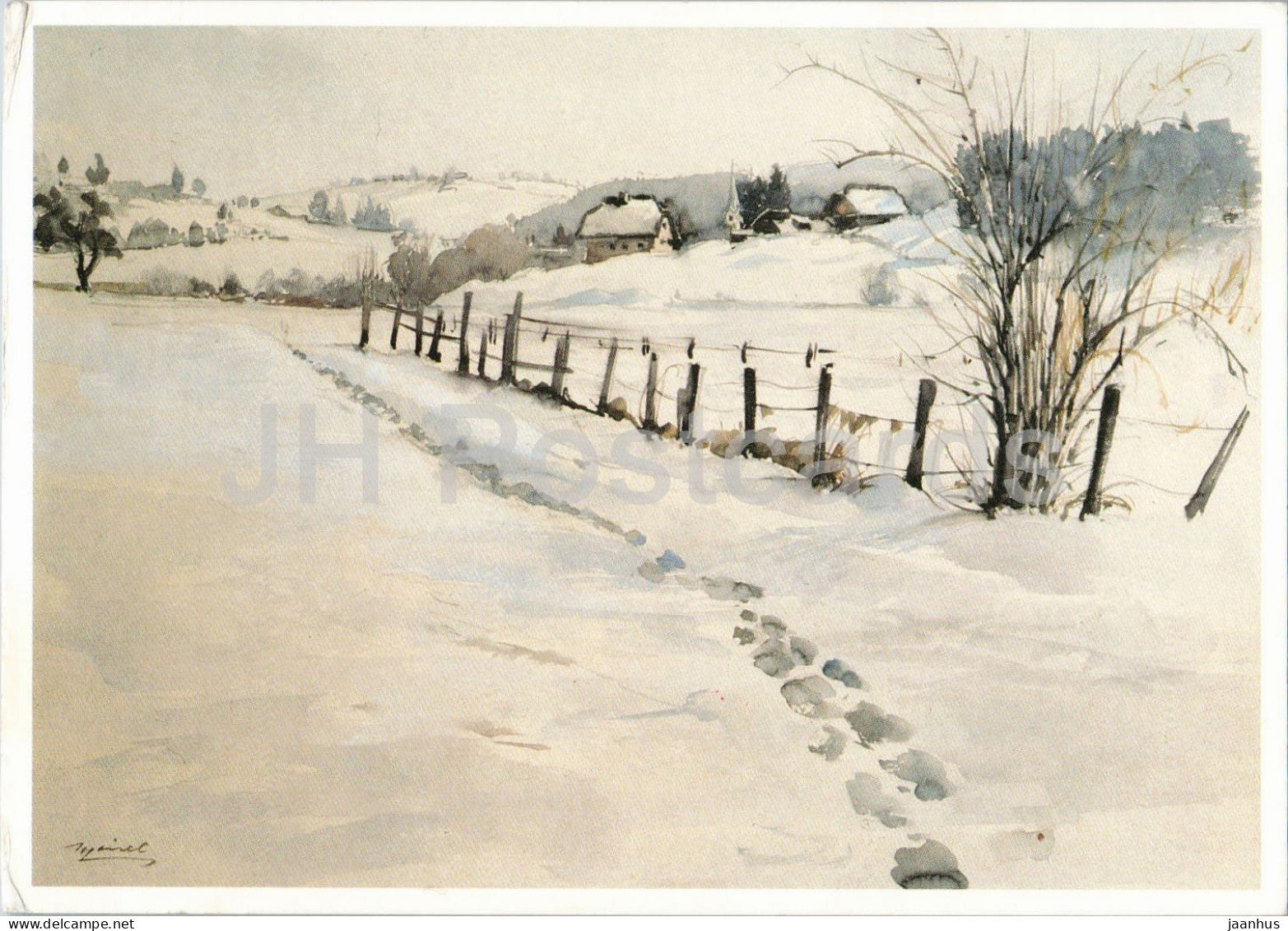 watercolor by Wilhelm Loisel - Traces in the Snow - Spuren im Schnee - Austrian art - Austria - unused - JH Postcards