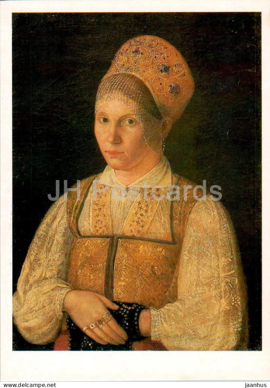 painting by Unknown Artist - Peasant woman with a blue scarf in her hands - Russian art - 1987 - Russia USSR - unused - JH Postcards