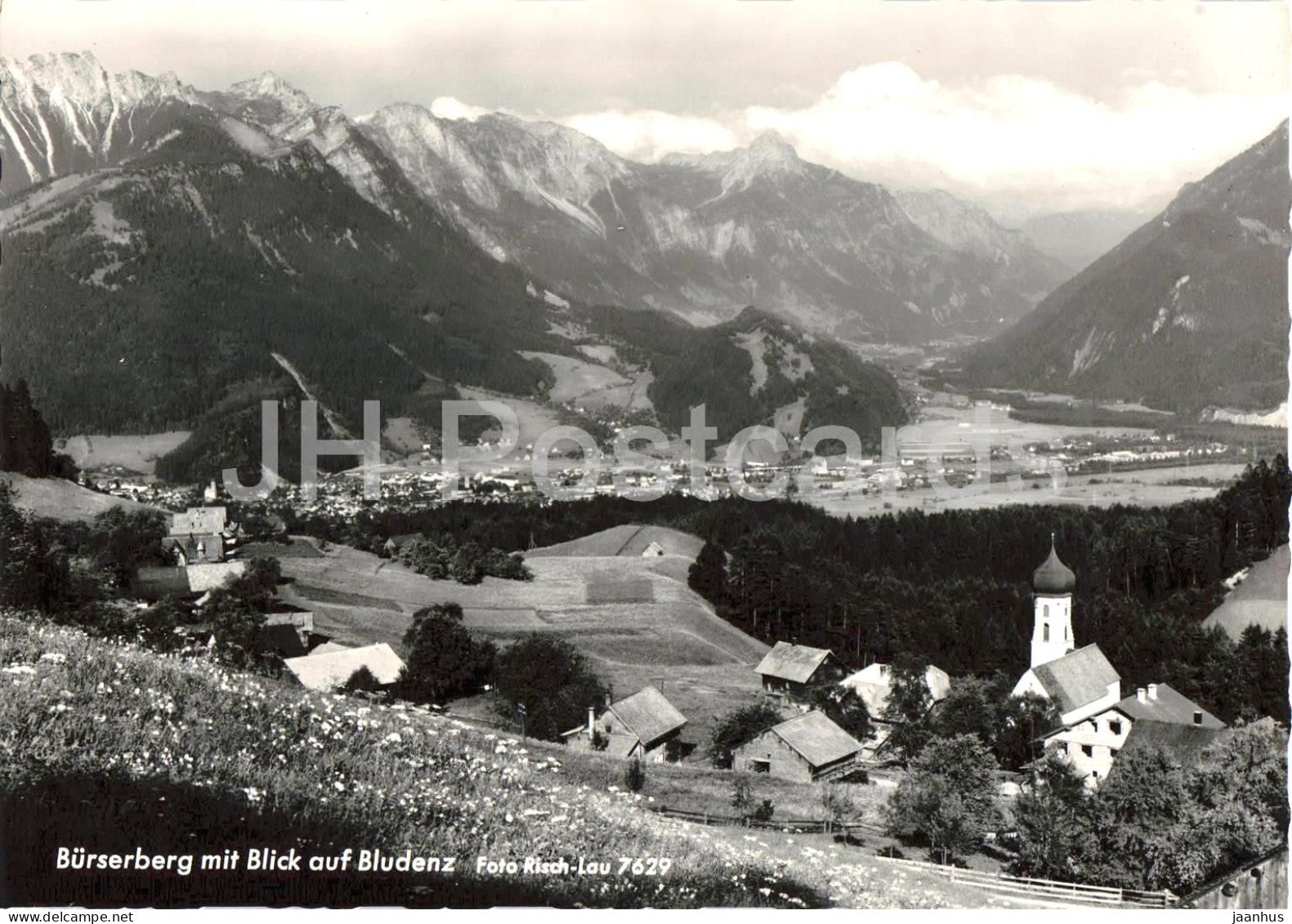Burserberg mit Blick auf Bludenz - alpine village - Vorarlberg - mountains - Alps - 7629 - old postcard - Austria - used - JH Postcards
