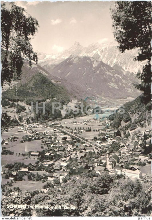Schruns im Montafon mit Zimba - town view - valley - mountains - old postcard - 1953 - Austria - used - JH Postcards