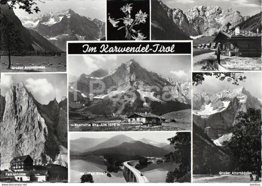 Im Karwendel - Tirol - multiview - alpine landscape - hut - mountain - flowers - 813 - old postcard - Austria - unused - JH Postcards