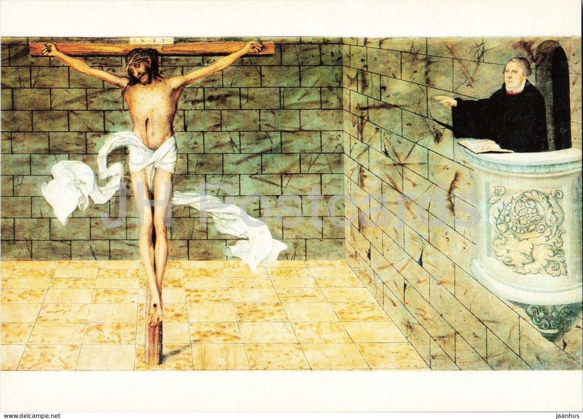 painting by Lucas Cranach the Elder - The Sermon on the Cross - Die Predigt vom Kreuz - German art Germany DDR - unused - JH Postcards