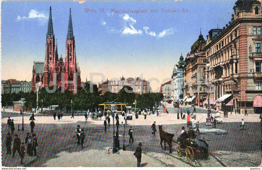 Wien - Vienna - Maximilianplatz mit Votivkirche - square - church -tram - old postcard - 1910s - Austria - used - JH Postcards