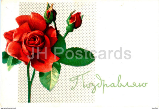 Birthday Greeting Card by I. Nepomnyaschi - Red Rose - Flowers - illustration - 1967 - Russia USSR - used - JH Postcards