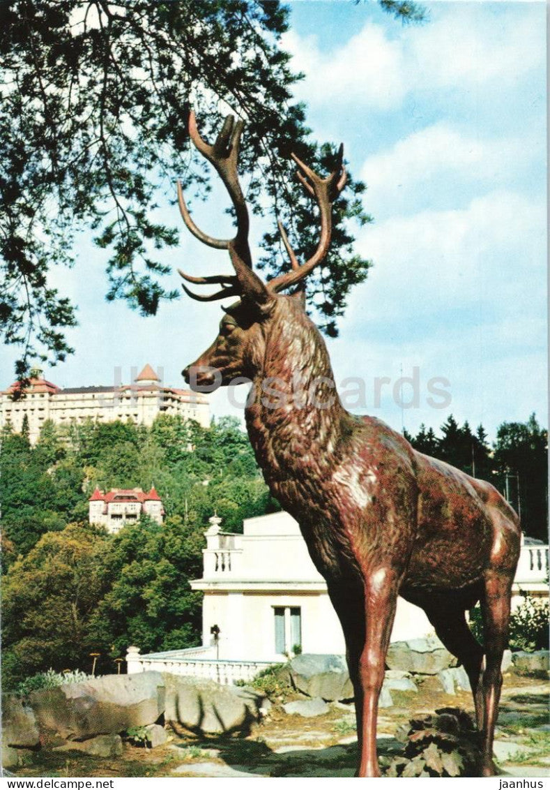 Karlovy Vary - Lazenska ctvrt - deer statue - Spa quarter - Czech Republic - Czechoslovakia - unused - JH Postcards