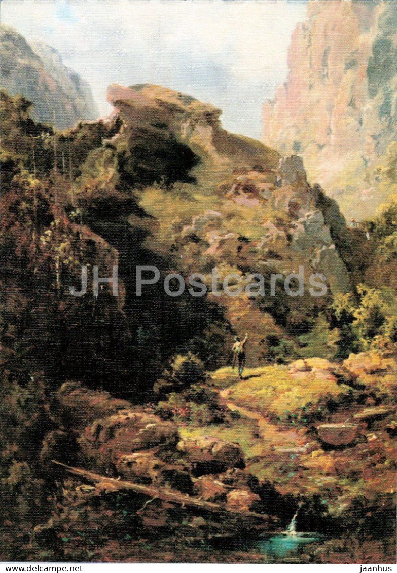 painting by Carl Spitzweg - Mountain Landscape with Returning Hunter - Gebirgslandschaft - German art - Germany - unused - JH Postcards