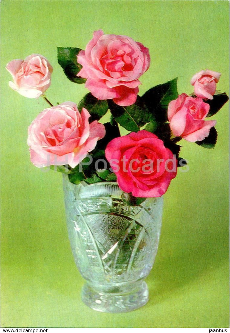 Birthday Greeting Card - Red and Pink Roses in a Crystal Vase - flowers - postal stationery - 1980 - Russia USSR - used - JH Postcards