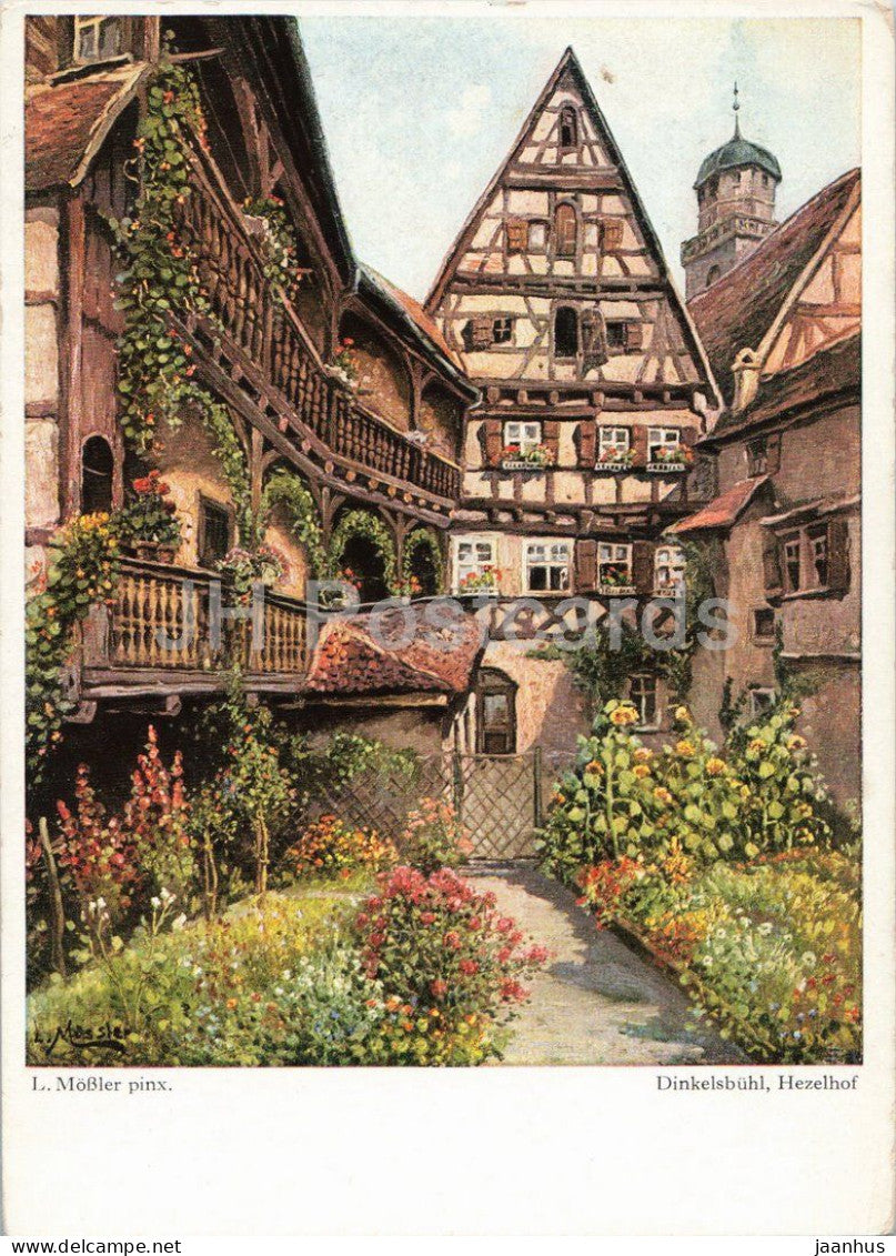 painting by Ludwig Mossler - Dinkelsbuhl - Hezelhof courtyard - German art - old - 1950s - Germany - unused - JH Postcards