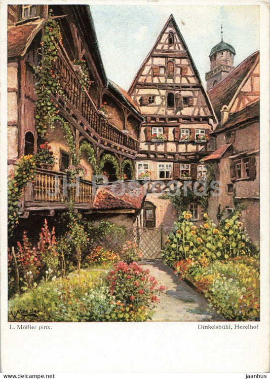 painting by Ludwig Mossler - Dinkelsbuhl - Hezelhof courtyard - German art - old - 1950s - Germany - unused - JH Postcards