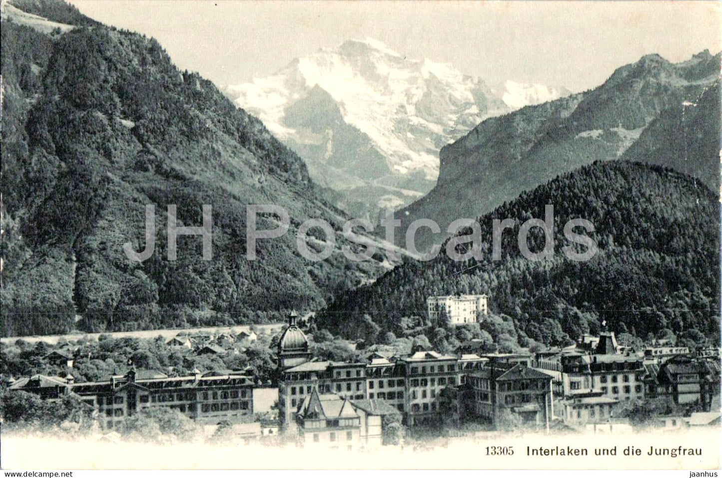 Interlaken und die Jungfrau - mountains - city - hotel - 13305 - old postcard - Switzerland - unused - JH Postcards