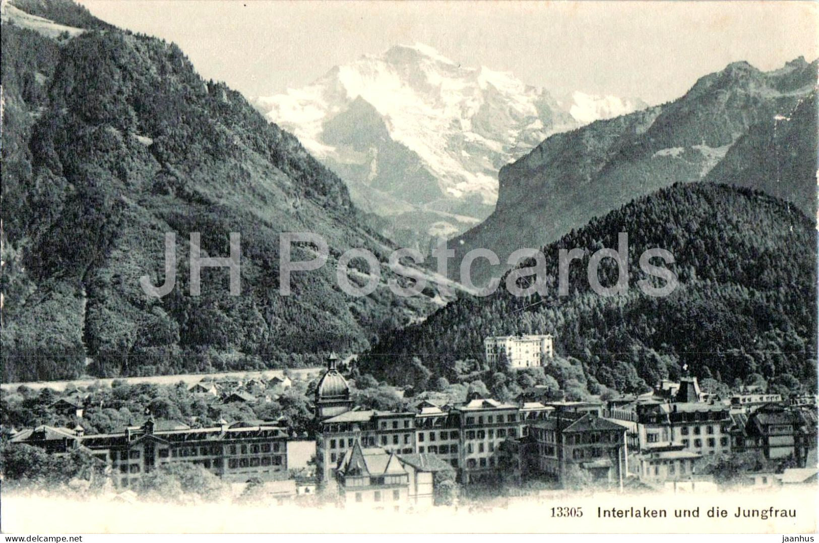 Interlaken und die Jungfrau - mountains - city - hotel - 13305 - old postcard - Switzerland - unused - JH Postcards