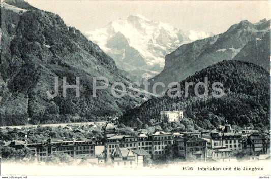Interlaken und die Jungfrau - mountains - city - hotel - 13305 - old postcard - Switzerland - unused - JH Postcards