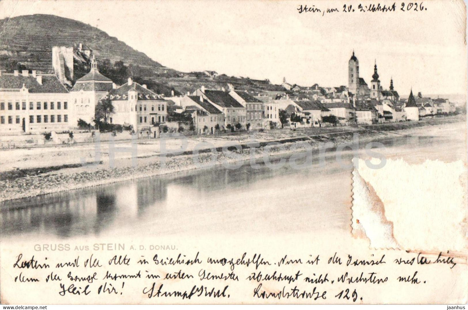 Gruss aus Stein a. d. Donau - River town panorama - No. 858 - old postcard - Austria - used - JH Postcards