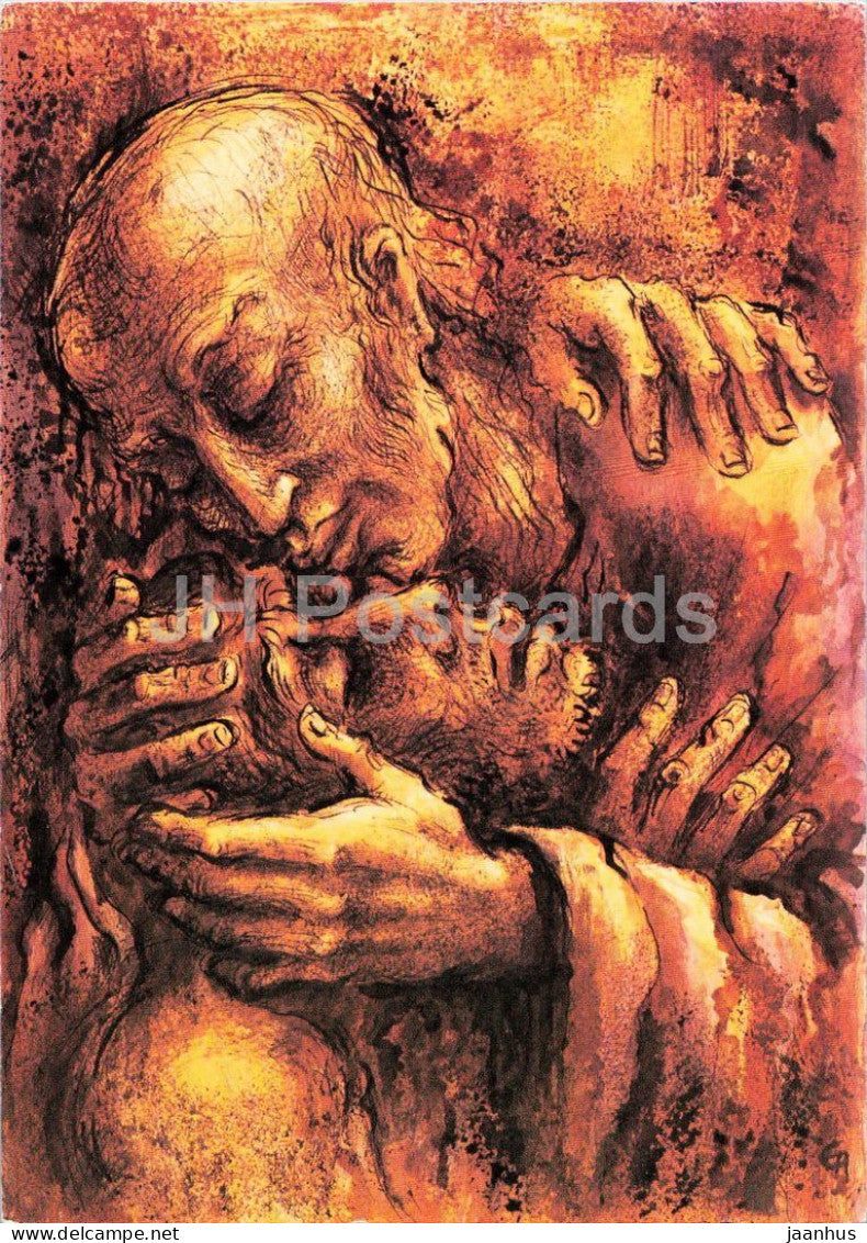 painting by Ernst Alt - The Rediscovered Father - Der wiedergefundene Vater - German art - 1969 - Germany - unused - JH Postcards
