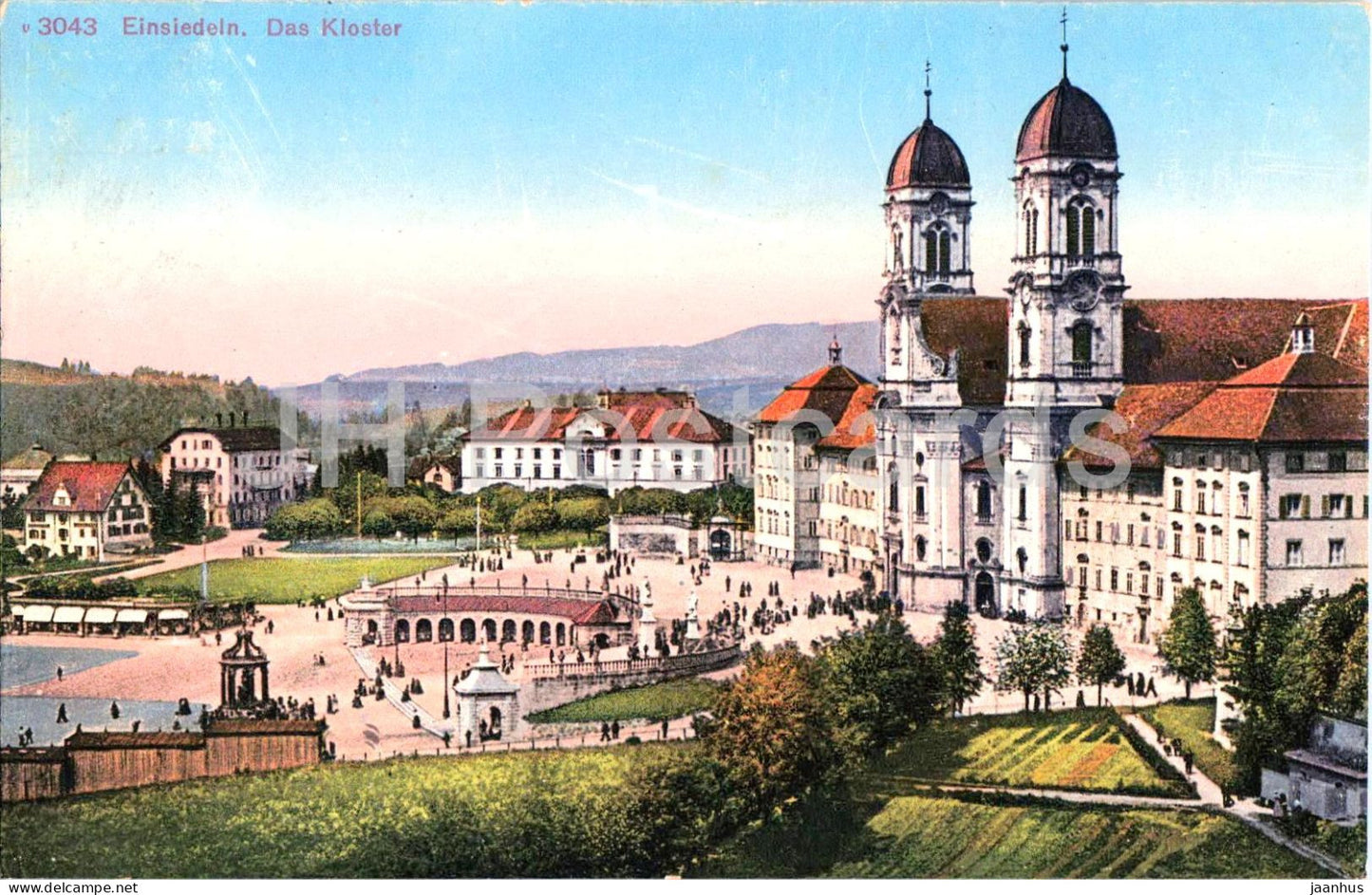Einsiedeln - Das Kloster - monastery - abbey - square - pilgrims - 3043 - old postcard - 1921 - Switzerland - used - JH Postcards