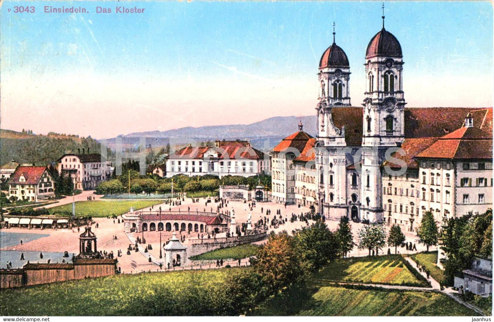 Einsiedeln - Das Kloster - monastery - abbey - square - pilgrims - 3043 - old postcard - 1921 - Switzerland - used - JH Postcards