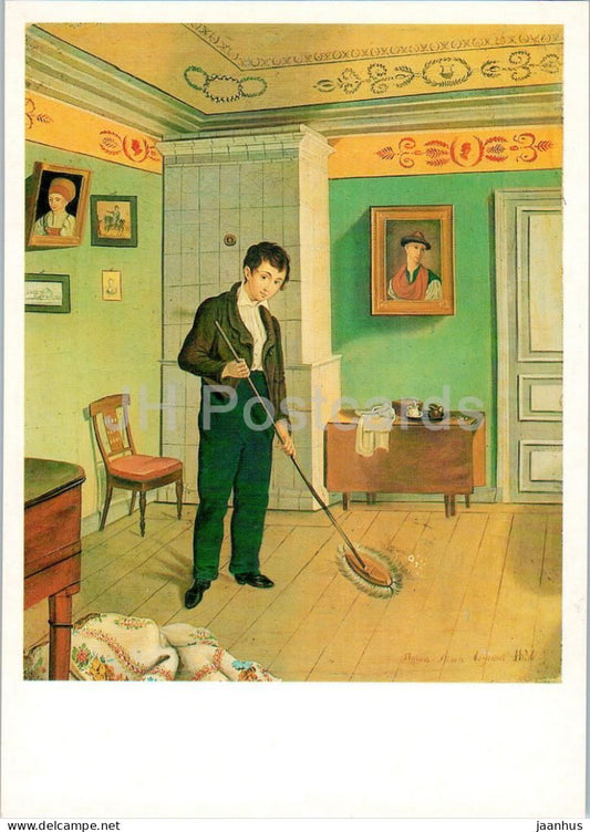 painting by P. Bessonov - Servant boy sweeping the room - Russian art - 1987 - Russia USSR - unused - JH Postcards