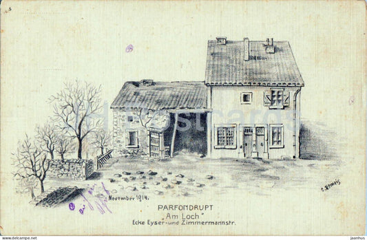 Parfondrupt  - Am Loch Ecke Eyser und Zimmermannstr - village house sketch - illustration - old postcard - France - used - JH Postcards