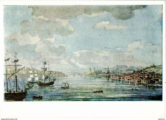 watercolor by M. Vorobyev - The Port of Stenia on the Bosphorus - ship - Russian art - 1968 - Russia USSR - unused - JH Postcards