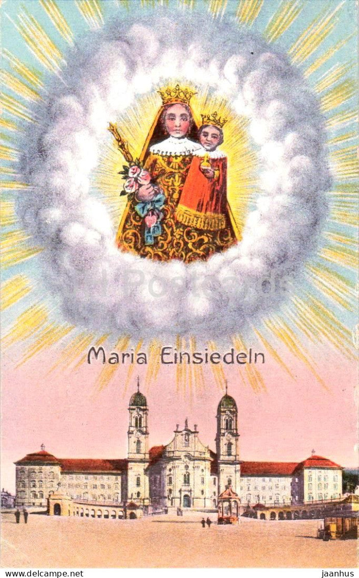 Maria Einsiedeln - monastery with Virgin Mary and Child - illustration - old postcard - 1925 - Switzerland - used - JH Postcards