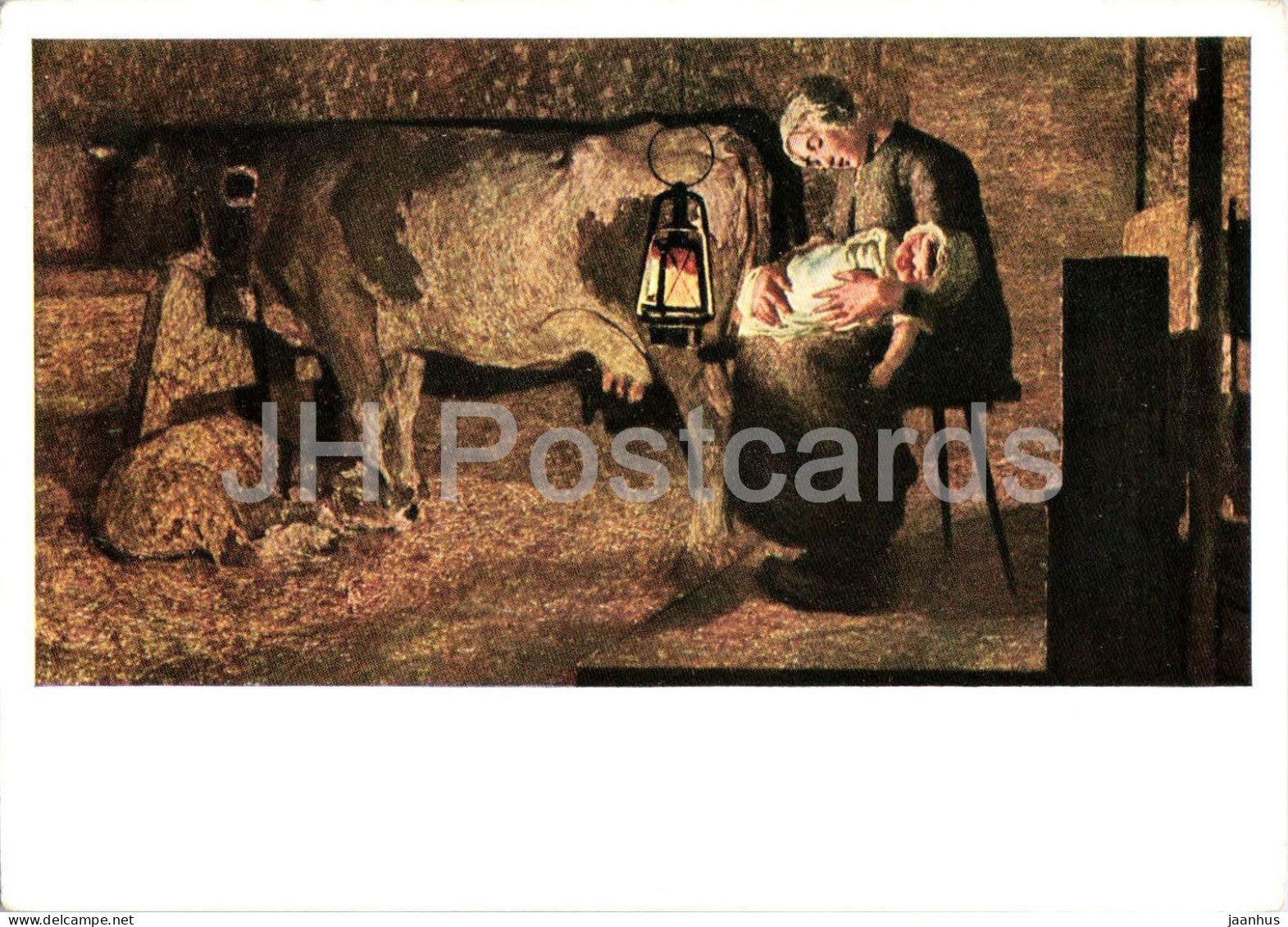 painting by Giovanni Segantini - The Two Mothers - Die beiden Mutter - cow animals - Italian art - Switzerland - unused - JH Postcards