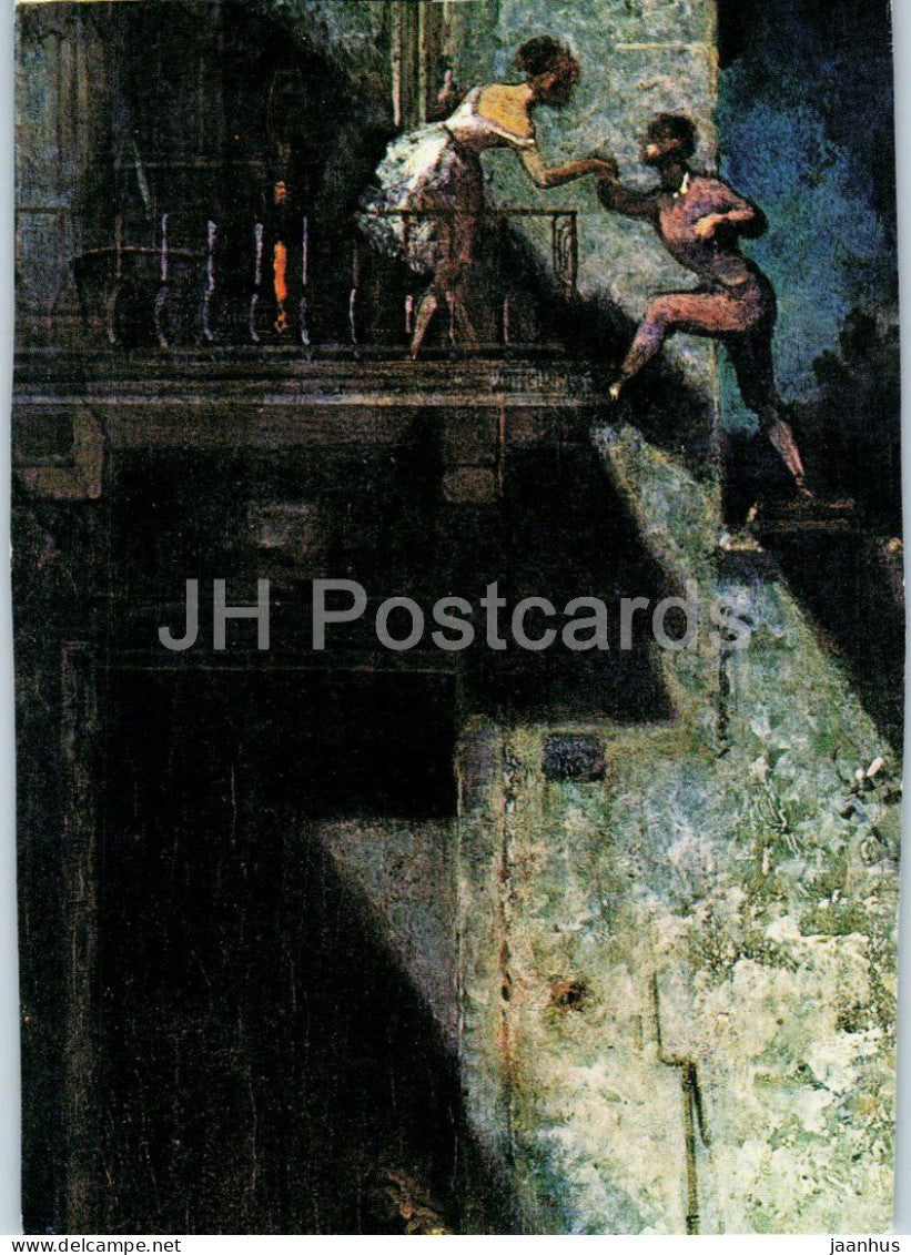 painting by Carl Spitzweg - Rendezvous of Harlequin and Columbine - Stelldichein - German art - Germany - unused - JH Postcards