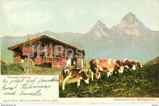 Alpenweide und Mythenstocke - Mythen - cow - animals - farmhouse - mountains - old postcard - 1915 - Switzerland - used - JH Postcards