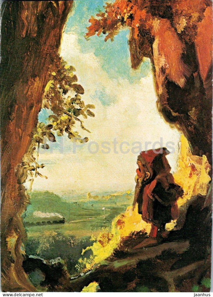 painting by Carl Spitzweg - Gnome Watching the First Railway - Gnom von einer Hohle - German art - Germany - unused - JH Postcards