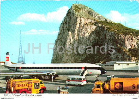 B.E.A. Comet at Gibraltar Airport - airplane - Shell fuel trucks - 2GBZ24 - Gibraltar - unused - JH Postcards