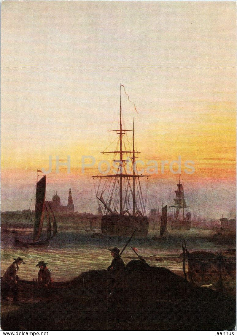 painting by Caspar David Friedrich - Greifswald Harbour - Greifswalder Hafen - ship - German art - Germany - unused - JH Postcards
