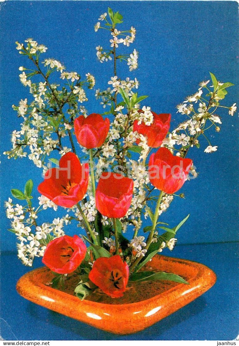 Birthday Greeting Card - Red Tulips - flowers composition - postal stationery - 1985 - Russia USSR - used - JH Postcards