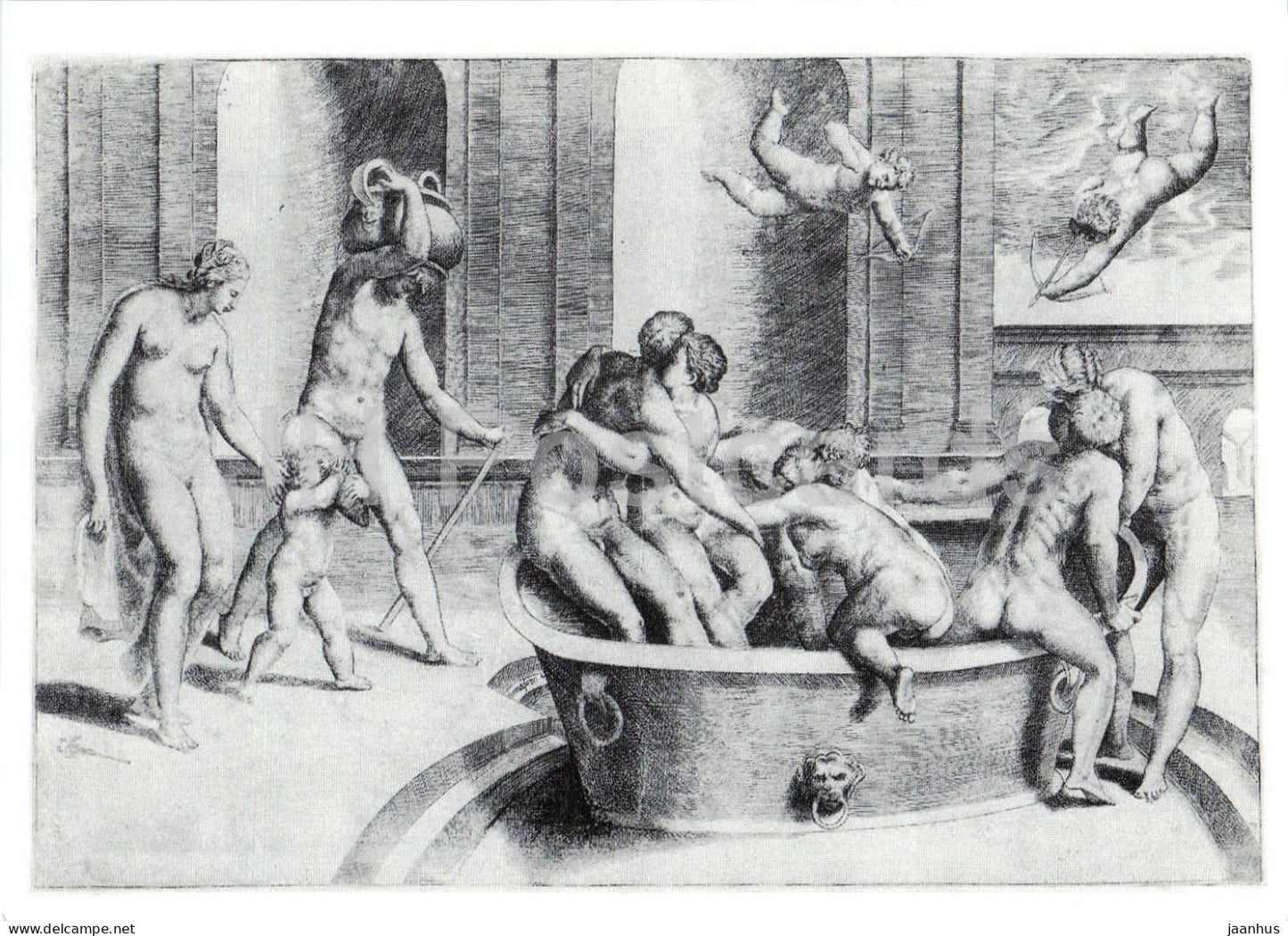 engraving by Giulio Bonasone - The Public Bath - Offentliches Bad - Italian art - Germany - unused - JH Postcards