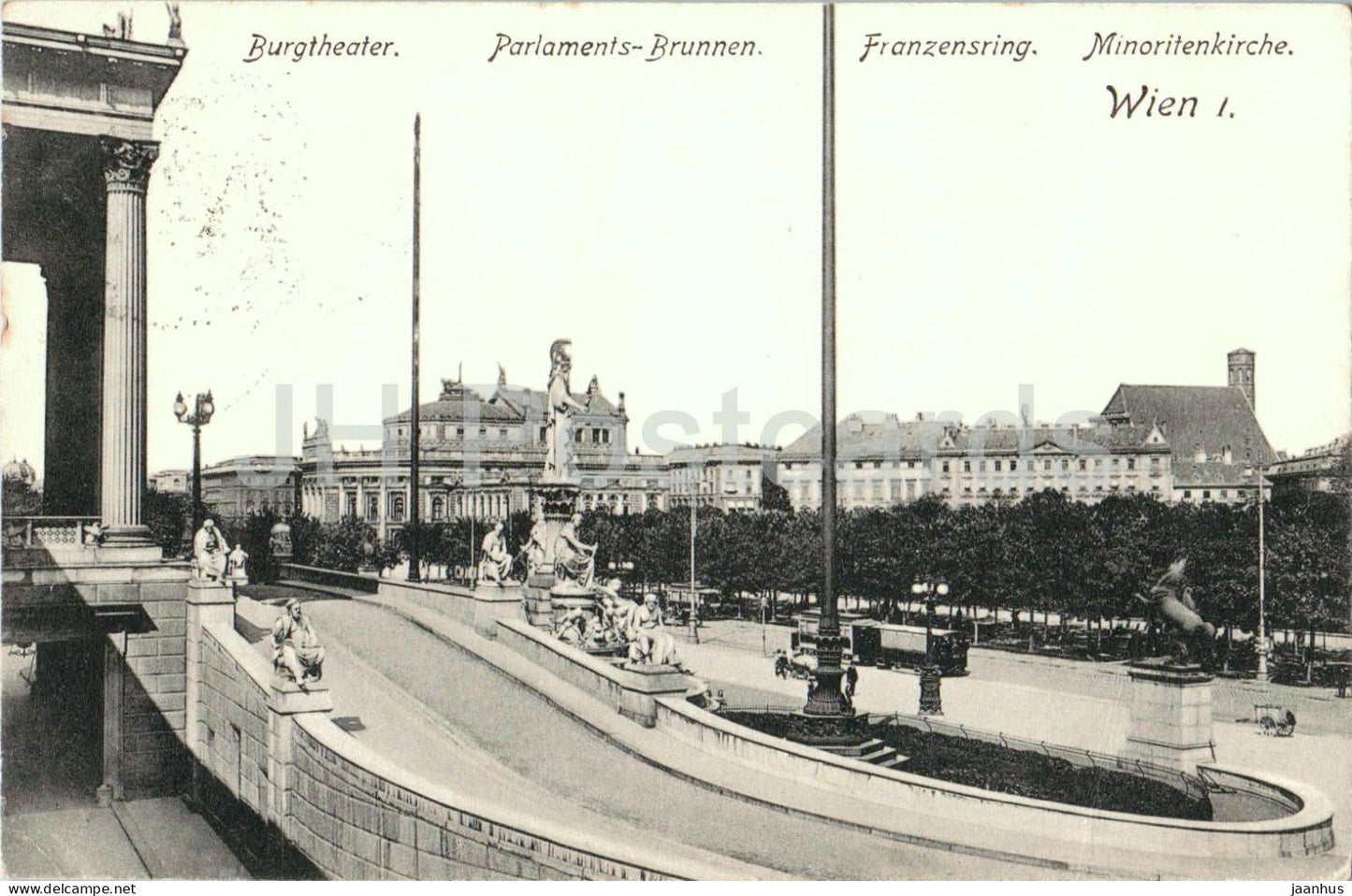 Wien - Vienna - Burgtheater - Parlaments-Brunnen - Minoritenkirche - 8259 - old postcard - 1907 - Austria - used - JH Postcards