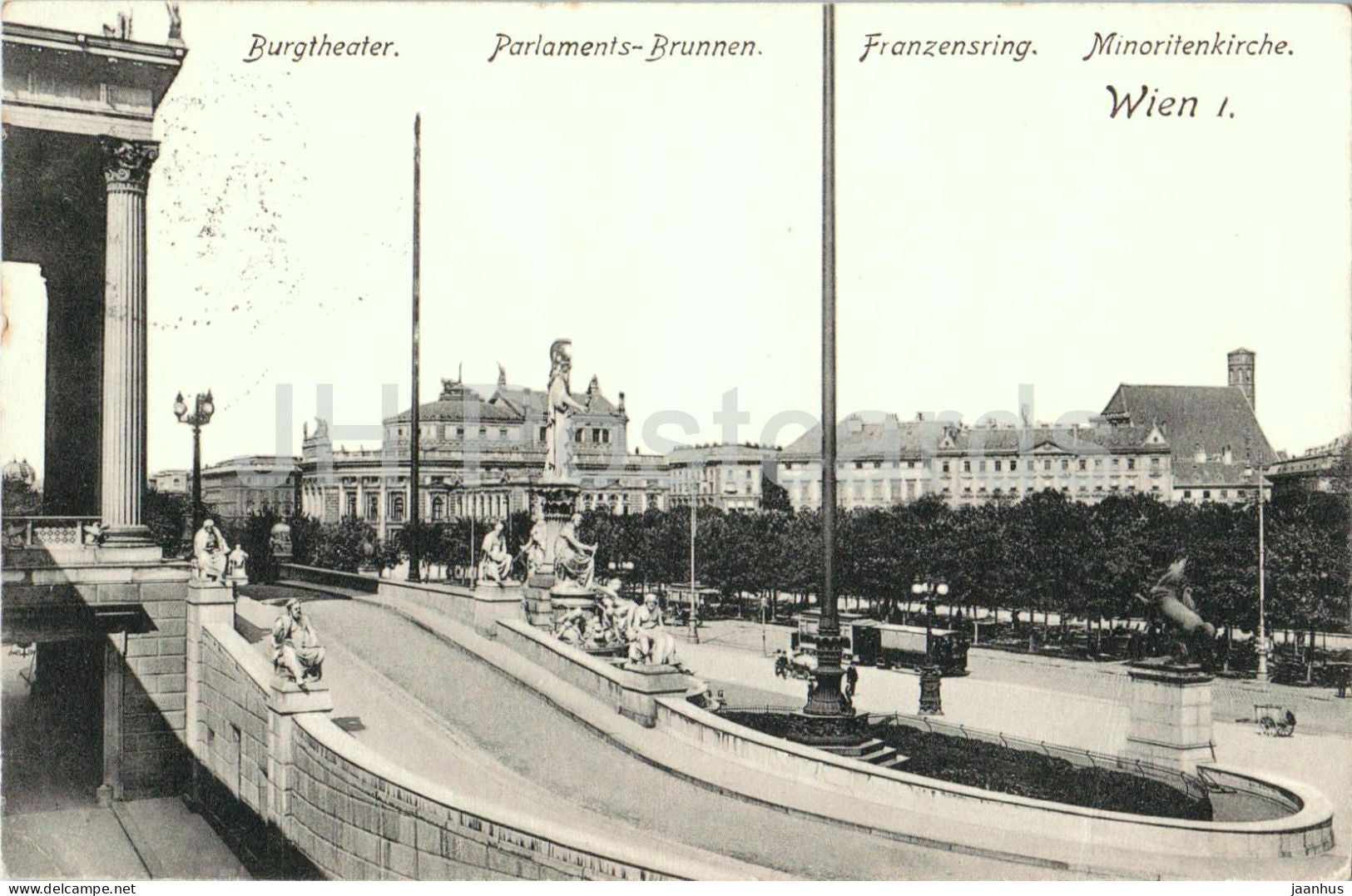 Wien - Vienna - Burgtheater - Parlaments-Brunnen - Minoritenkirche - 8259 - old postcard - 1907 - Austria - used - JH Postcards