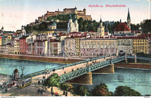 Salzburg - Staatsbrucke - bridge - tram - 13242 - old postcard - 1926 - Austria - used - JH Postcards
