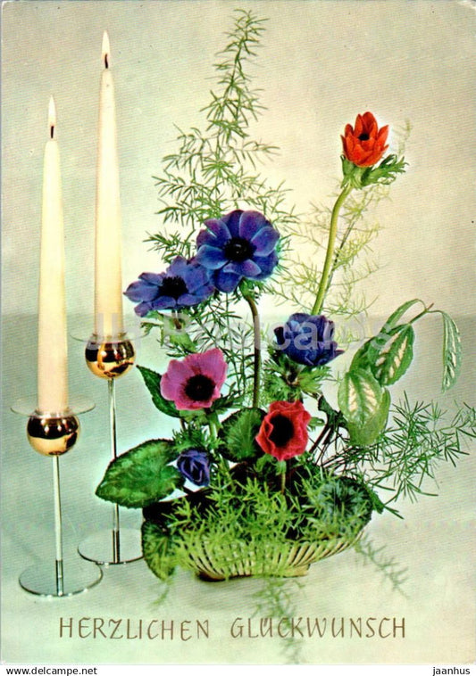 Birthday Greeting Card - Herzlichen Gluckwunsch - flowers compotition - candle - Germany - unused - JH Postcards
