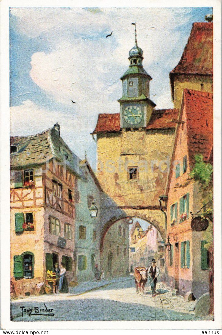 painting by Tony Binder - Rothenburg ob der Tauber - Roderbogen mit Markusturm - German art - 1964 - Germany - used - JH Postcards