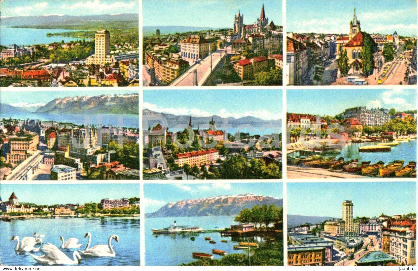 Souvenir de Lausanne - city multiview - lake cathedral Ouchy swans - 8260 - old postcard - 1950 - Switzerland - used - JH Postcards