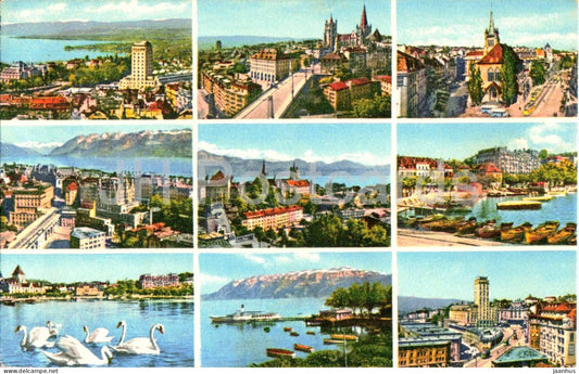 Souvenir de Lausanne - city multiview - lake cathedral Ouchy swans - 8260 - old postcard - 1950 - Switzerland - used - JH Postcards